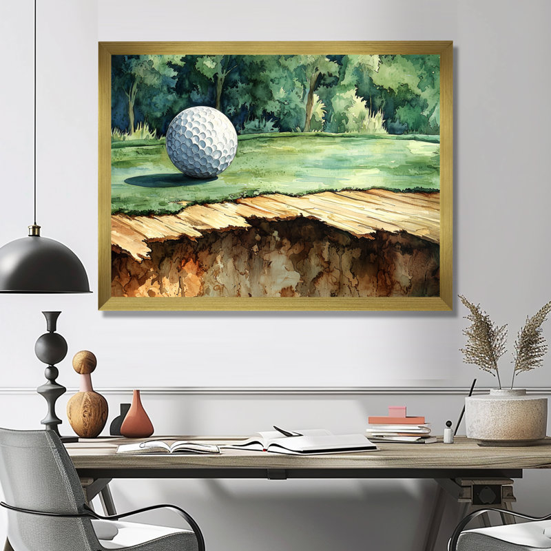 «Chassing the pin», art mural de golf, Cadre simple, H 12 po x l 20 po, Doré