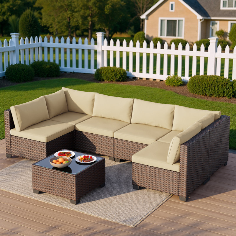 Ensemble de conversation modulaire en osier pour 6 personnes avec coussins, Jaune, Ensemble de 7 pièces