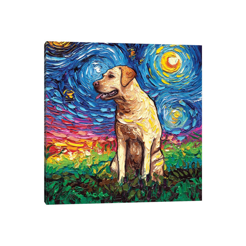 «Yellow Labrador Night II» par Aja Treves - reproduction d'art, H 18 po x l 18 po x 1,5 po, Toile tendue