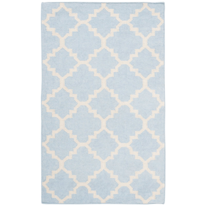 Mccall Hand Woven Flat Weave Wool/Cotton Geometric Rug in Light blue/Ivory, Rectangle 6' x 9'