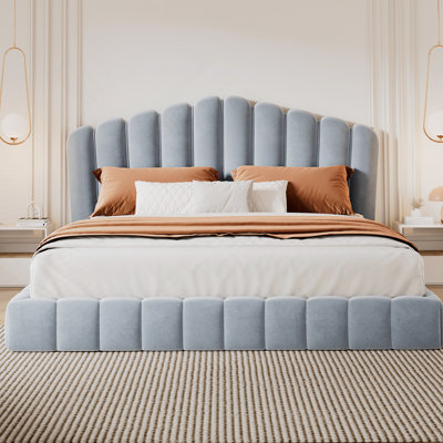 Velvet Upholstered Queen Bed Floor Bed Frame Shell-Shaped Headboard For Bedroom,No Box Spring Needed,Light Blue