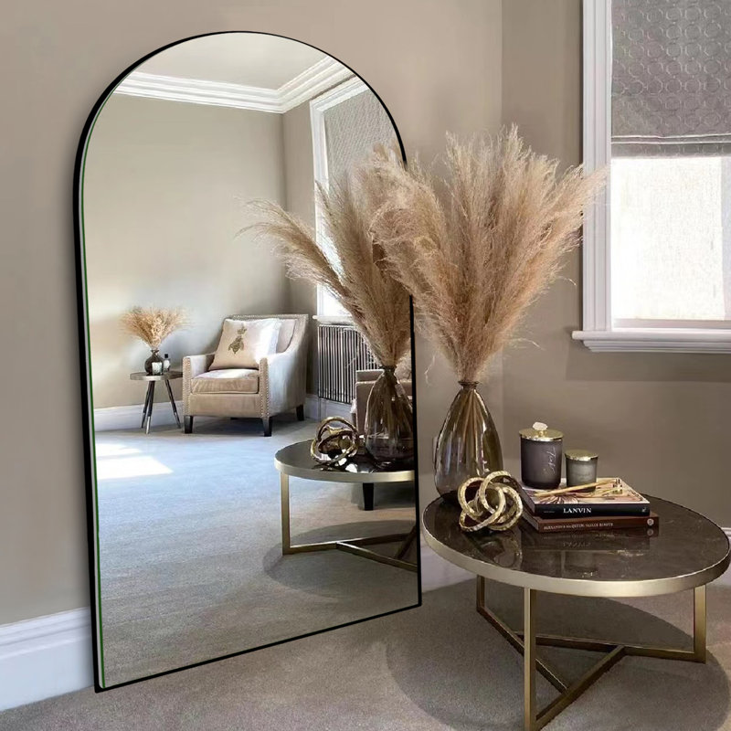 Leeron Oversized Arch Solid Wood Floor Mirror with Stand, 70.9" x 31.5", Black