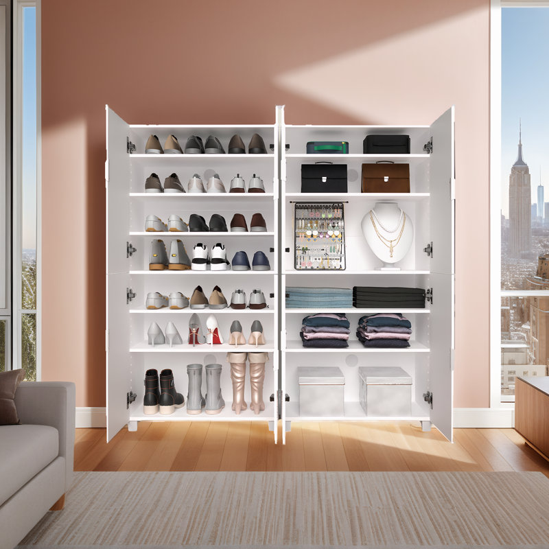 Large Shoe Storage Cabinet with Mirror & 4 Doors, 24.8"W x 13.2"D x 50"H, White