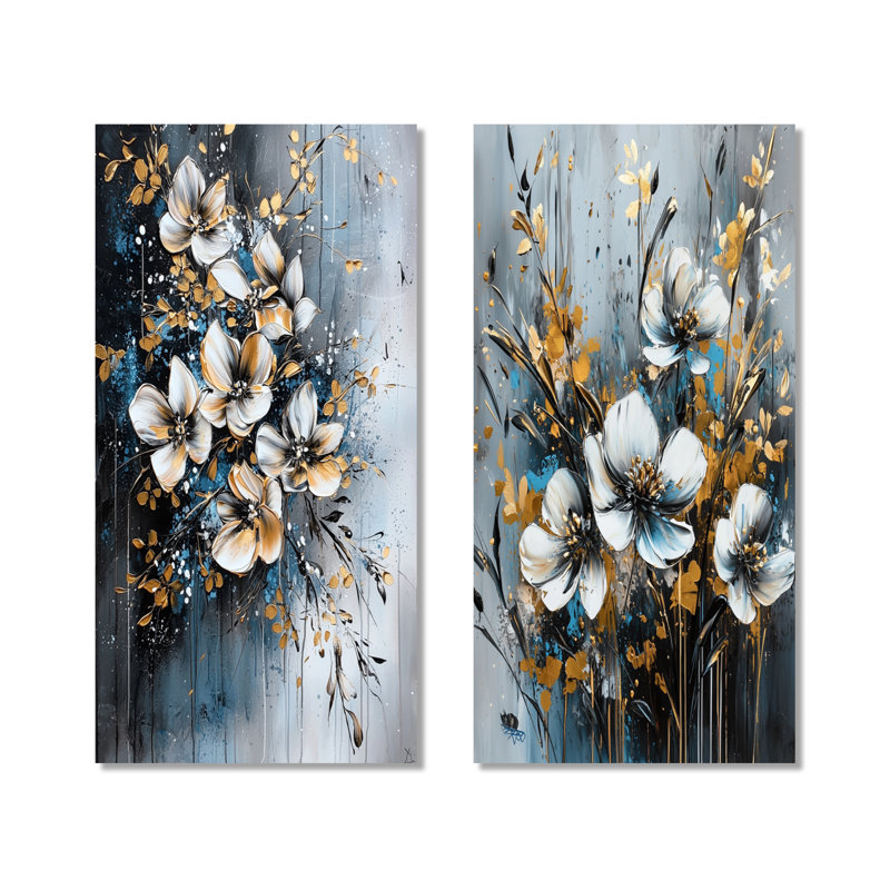 Botanical Dreamscape Flowers Composition - ensemble de 2 décorations murales modernes en métal doré, 40" H x 40" W