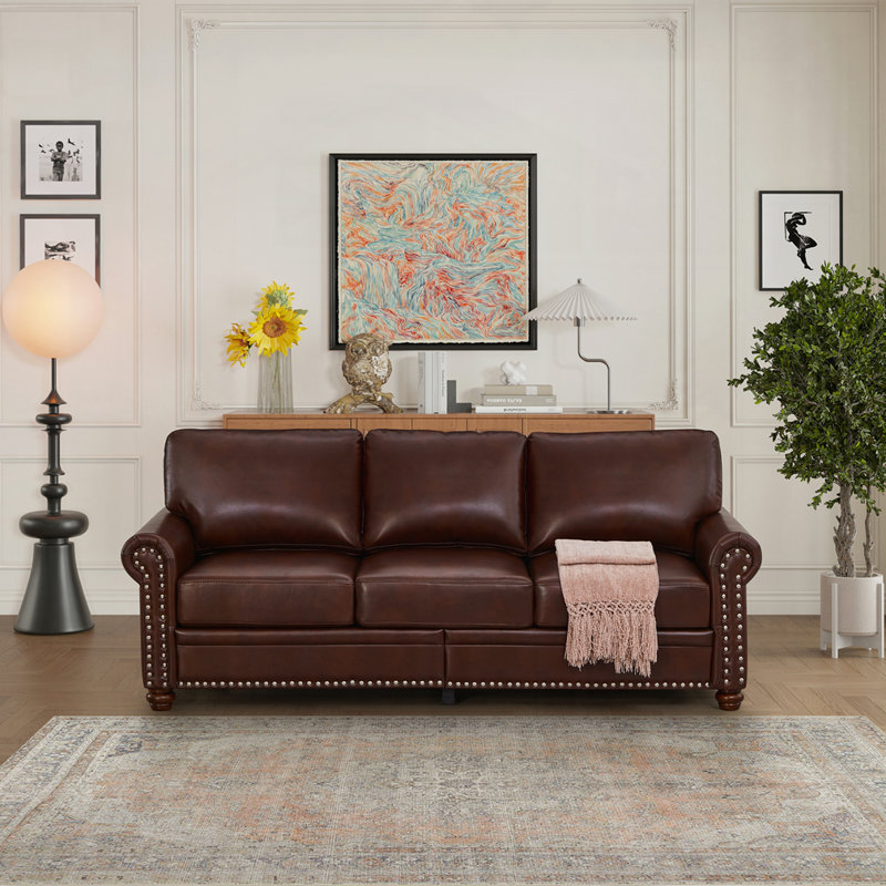 Classic Living Room Nails Sofa Faux Leather, Burgundy, 34.5" H x 82.68" W x 31.89" D