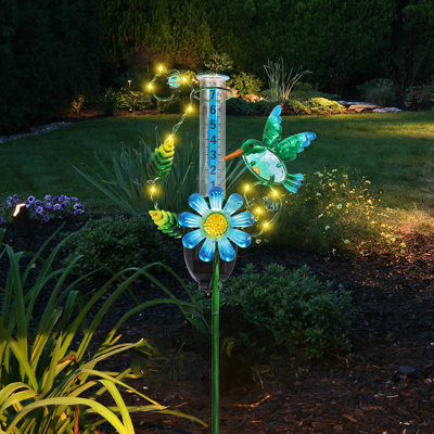 Hummingbird & Flower Solar Rain Gauge,outdoor Rain Gauge,led String Lights, Metal Garden Stake For Patio, Lawn & Outdoor Decor