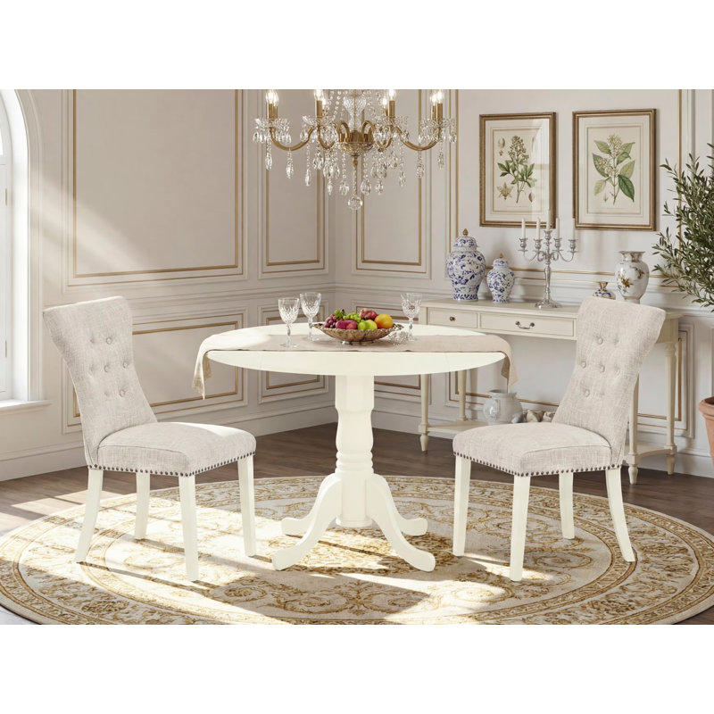 3 Piece Dining Room Furniture Set Contains a Round Dining Table with Dropleaf and 2 Doeskin Linen Fabric Upholstered Parson Chairs, Linen White