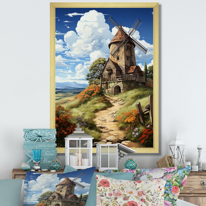 Countryside The Old Windmill II, reproduction d'art sur toile, H 44 po x l 34 po x P 1,5 po, Encadrement doré