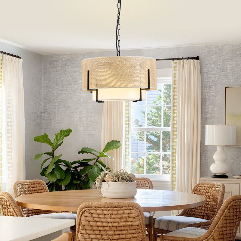 19.7" Modern Boho 2-Tier Rattan Semi-Flush Mount Ceiling Light, Gold Basket-weave Drum Chandelier for Bedroom, Kitchen, and Entryway