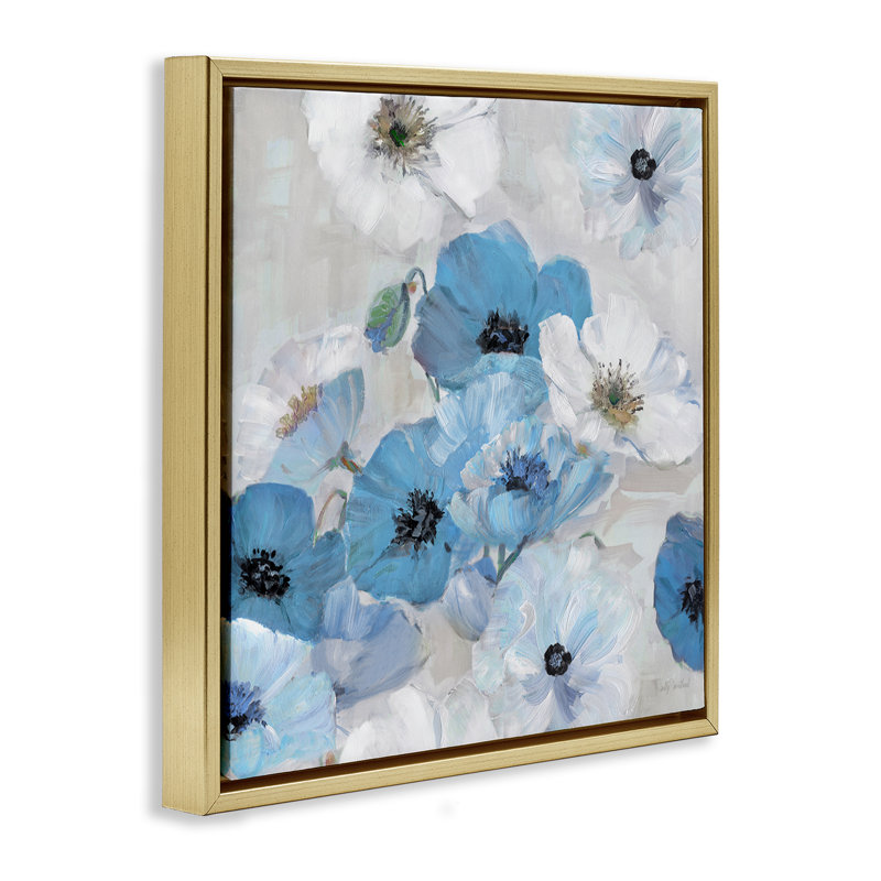 "Blue & White Flowers", art mural sur toile flottante par Sally Swatland, H 25 po x l 25 po, Cadre flottant métallique doré