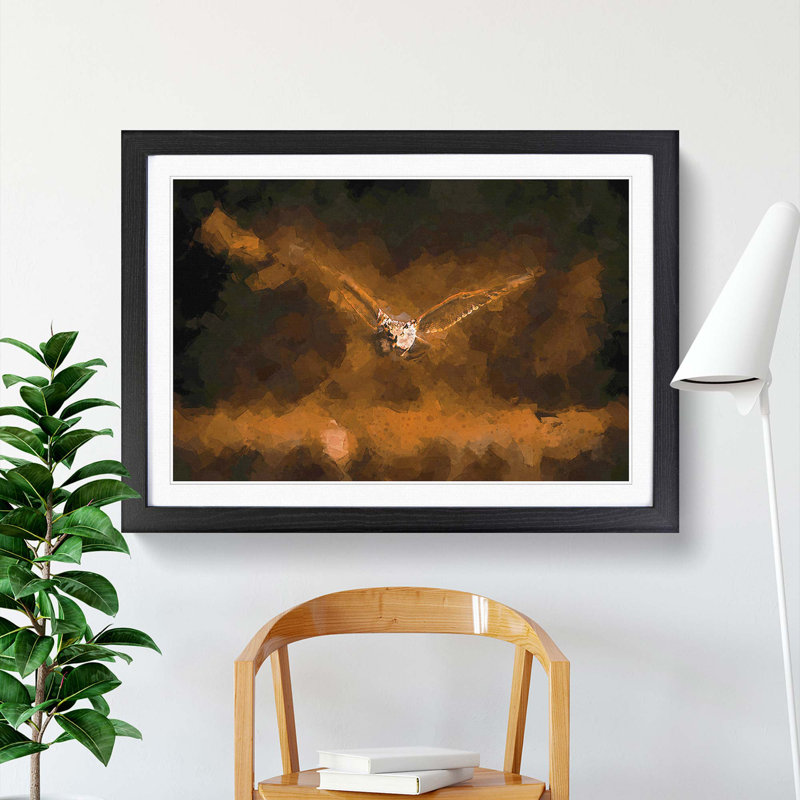 Flying Owl at Dusk in Abstract - Picture Frame Graphic Art Print on MDF, 50cm H x 76cm W x 2cm D, Black
