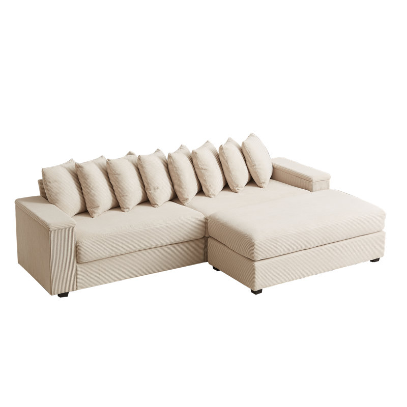 Denn L-Shaped Corduroy Sectional Sofa with Storage & Ottoman, Beige Corduroy