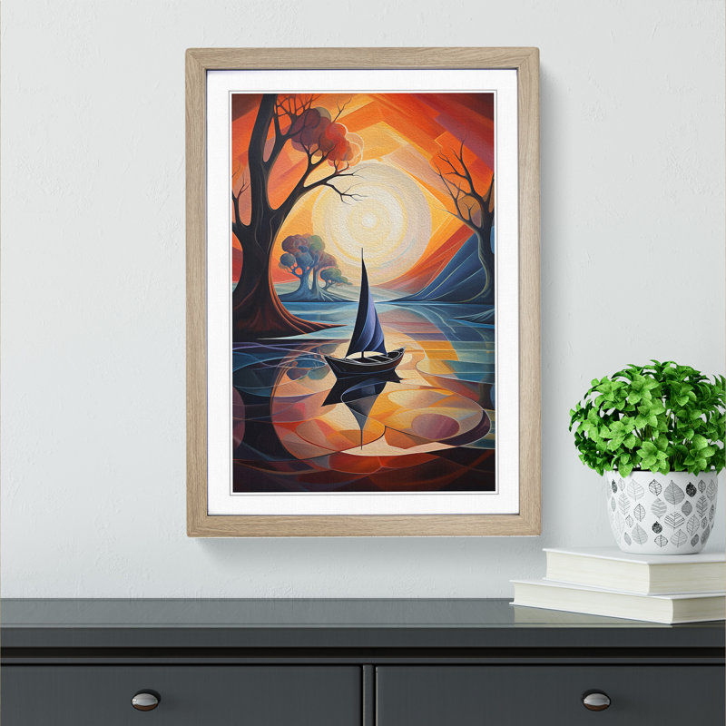 Boat On A Lake Futurism - Single Picture Frame Print on Wood, Oak Framed, 34cm H x 25cm W x 2cm D