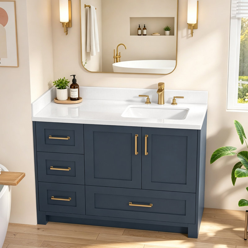 42 po L x 22 po W comptoir de salle de bain en quartz blanc avec comptoir simple en céramique Dosseret et dosseret en H, 3 trous de robinet pré-percés