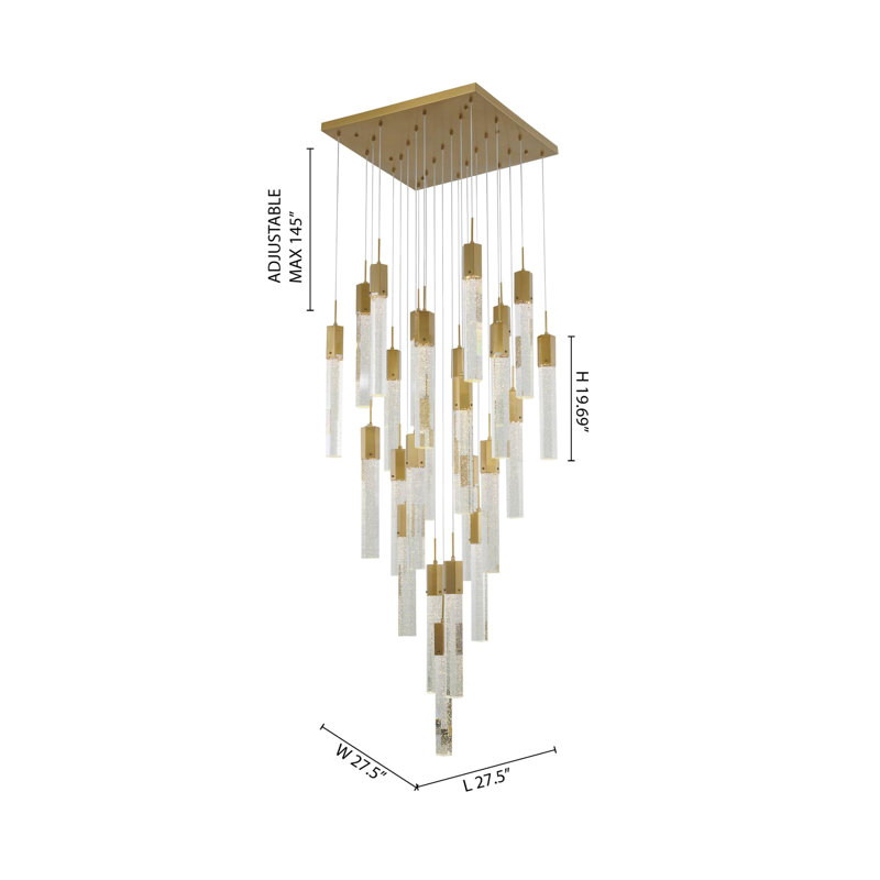 Lustre en métal doré 25 lumières avec cristaux transparents, H 19,6 po x l 27,5 po x P 27,5 po, Doré, 25