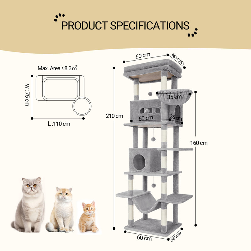 Cat Tree for Indoor Cats, Large Tall Cat Tower, Multi-Level Cats House with Condo, 8 Scratching Posts, Hammock, 4 Pom Poms