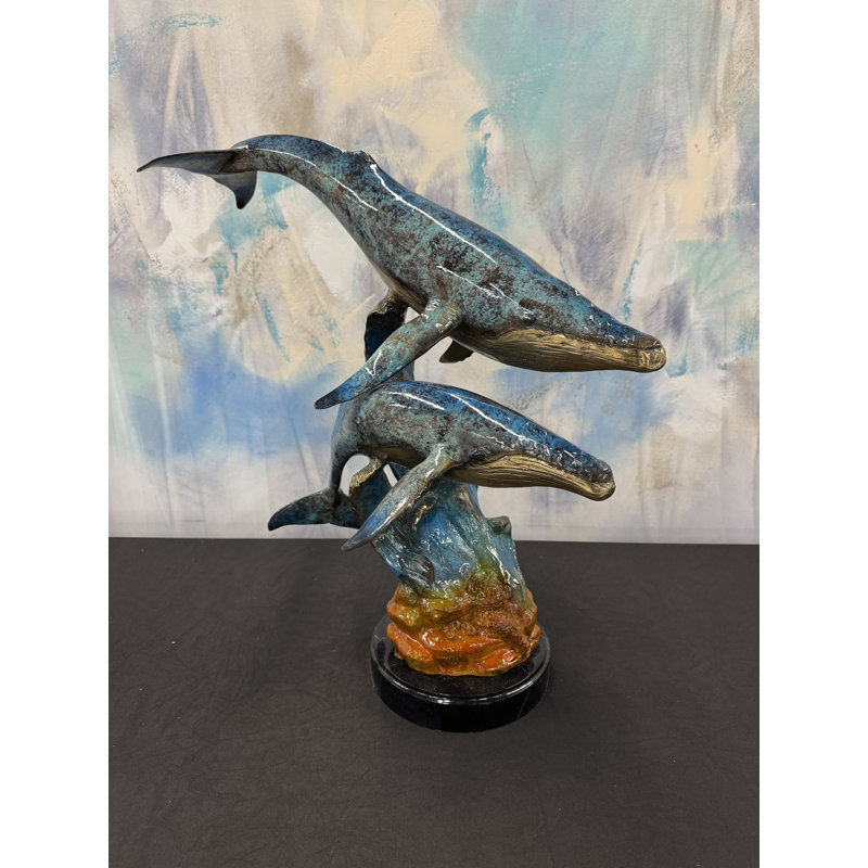 Sculptures & Beyond Two Whales Cast Bronze Sculpture – Lost-Wax Bronze with Hand-Applied Patina on Black Marble Base – Coastal & Nautical Decorative Art for Home, Office & Yacht Décor – Journey Together – 23"H