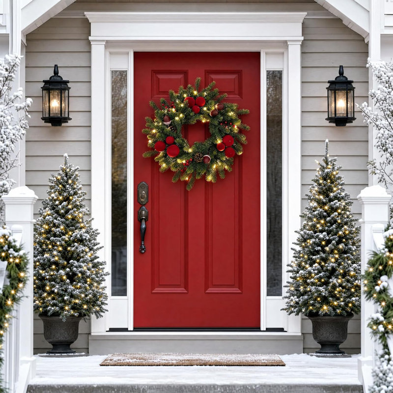 Couronne de Noël pré-illuminée de 50 cm (20 po) avec 20 DEL à piles et 8 modes, design rustique avec pommes de pin pour l'intérieur et l'extérieur