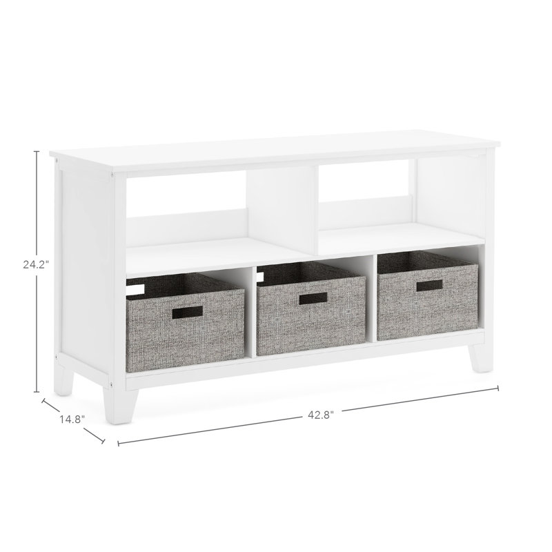 Creamy White Wooden Kids' Low Bookcase with Fabric Bins