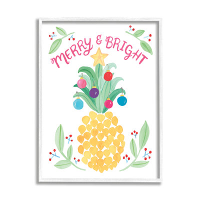 «Merry & Bright», ananas ornemental à l'aquarelle noire, estampe numérique encadrée, art texturé par Heather Strianese