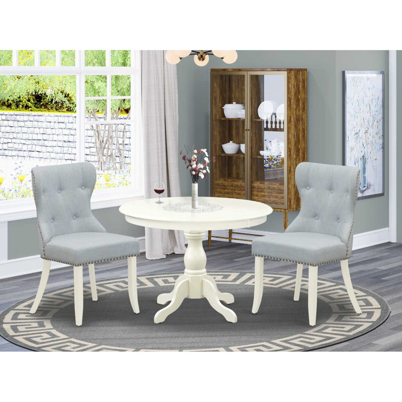 3 Piece Kitchen Table Set Contains a Round Dining Room Table with Pedestal and 2 Baby Blue Linen Fabric Upholstered Chairs, Linen White