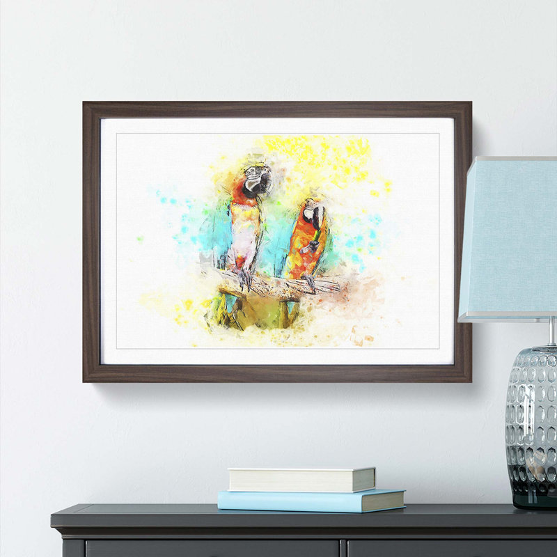 Two Macaw Parrots on a Branch in Abstract - Picture Frame Painting Print, 48cm H x 65cm W x 2cm D, Walnut Framed