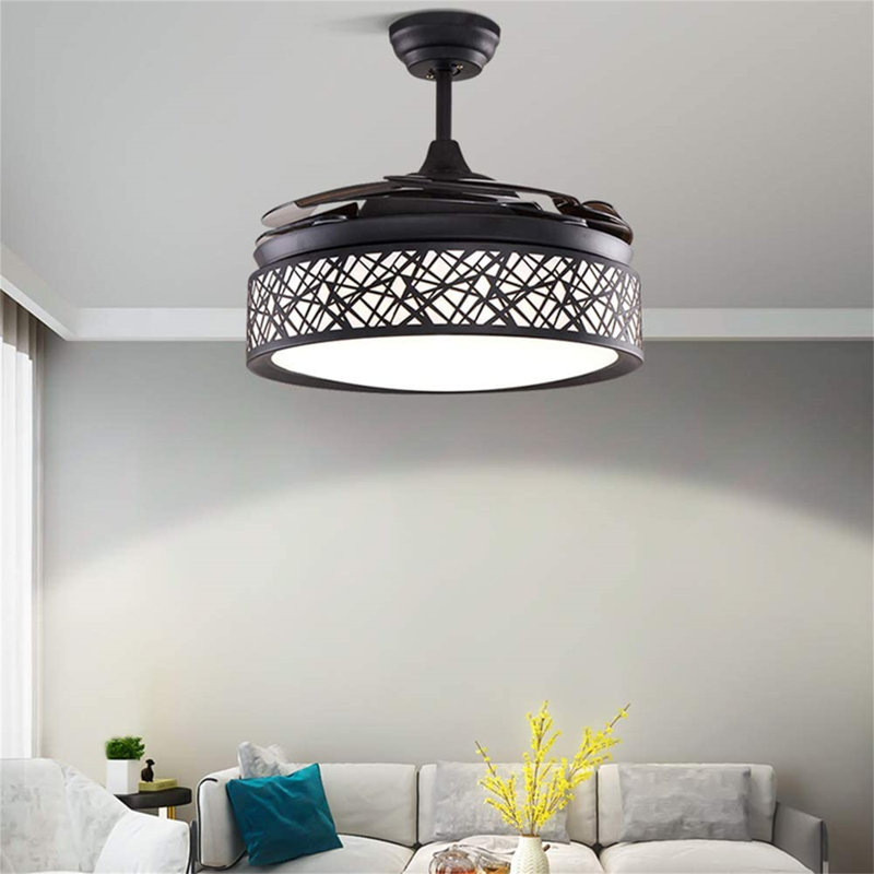 Ventilateur de plafond à 4 pales 42 po DEL Tasmine avec contrôle mural et ensemble d'éclairage inclus, Pales noires / brunes