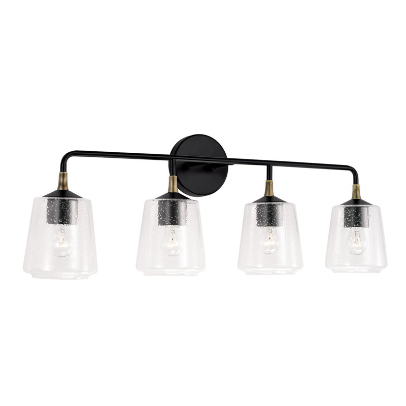 Amara Matte Black and Brass 4-Light Vanity with Seeded Glass