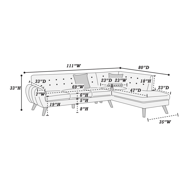 Ensemble de canapé d'angle 2 pièces avec 2 coussins décoratifs, en polyfibre grise, style moderne., Grey Upholstered