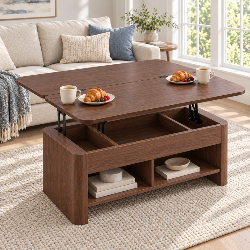 Table basse extensible en bois avec plateau relevable de 95 cm (37,5 po), bureau de salle à manger convertible avec rangement dissimulé et vérin à gaz pour petits espaces - Brun