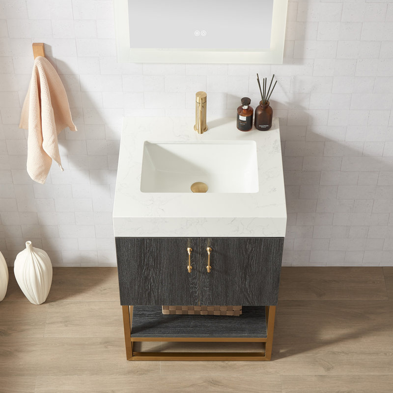 Ensemble de meuble-lavabo simple l 24 po Alistair, Doré, Chêne naturel, Blanc