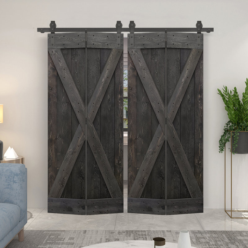 Porte de grange pliante pré-assemblée en bois avec quincaillerie coulissante, 72" x 84", Noir anthracite
