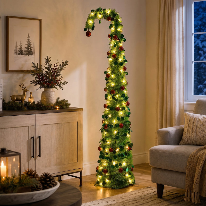 Sapin télescopique pliable vert de 1,80 m à cime courbée, préilluminé avec 100 DEL blanc chaud, 8 modes d'éclairage, fonctionne sur piles, pré-décoré avec des boules rouges, décoration de Noël en PVC