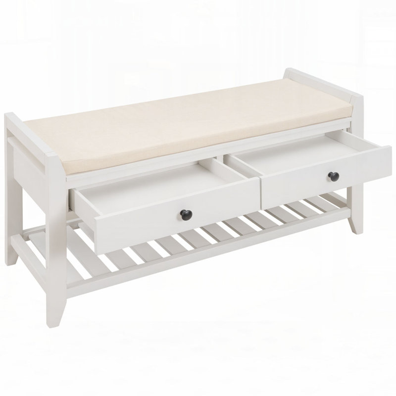 Storage Bench Shoe Rack with Cushioned Seat and Drawers, White