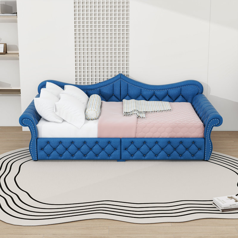 Upholstered Daybed with LED and Nailhead Trim, Blue