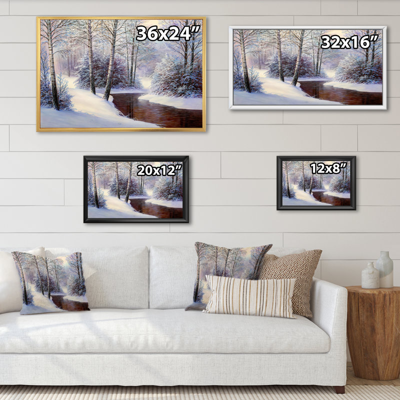 Forêt de Noël avec rivière II - art mural traditionnel sur toile, H 8 po x l 12 po x P 1 po, Toile avec cadre flottant or