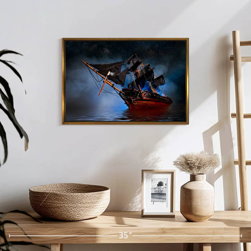 Bateau pirate, 19 po x 13 po, Cadre flottant doré