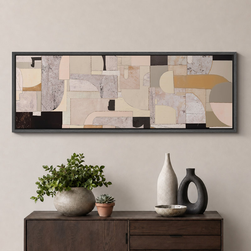 Collage architectural abstrait de style Mid-Century, H 20 po x l 60 po, Noir, noir, noir, noir
