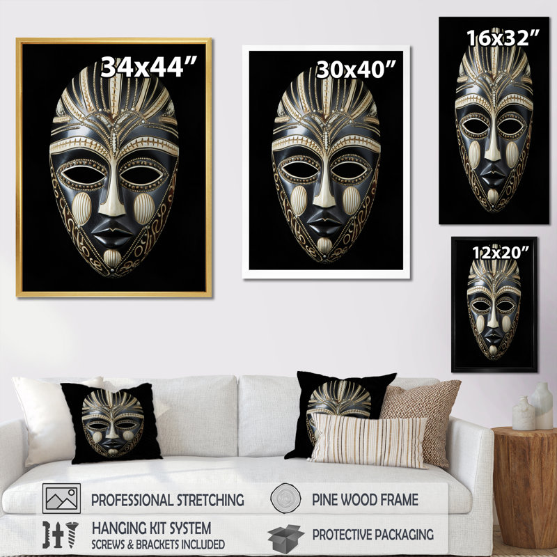 Masque africain Ethnical Traditional, H 20 po x l 12 po x P 1 po, Cadre flottant noir