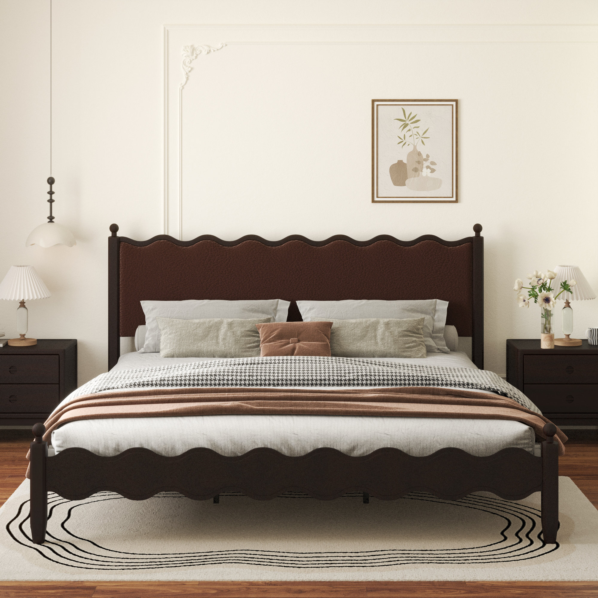 Ines Wood Bed Frame with Upholstered Headboard - Vegan Leather Upholstery
