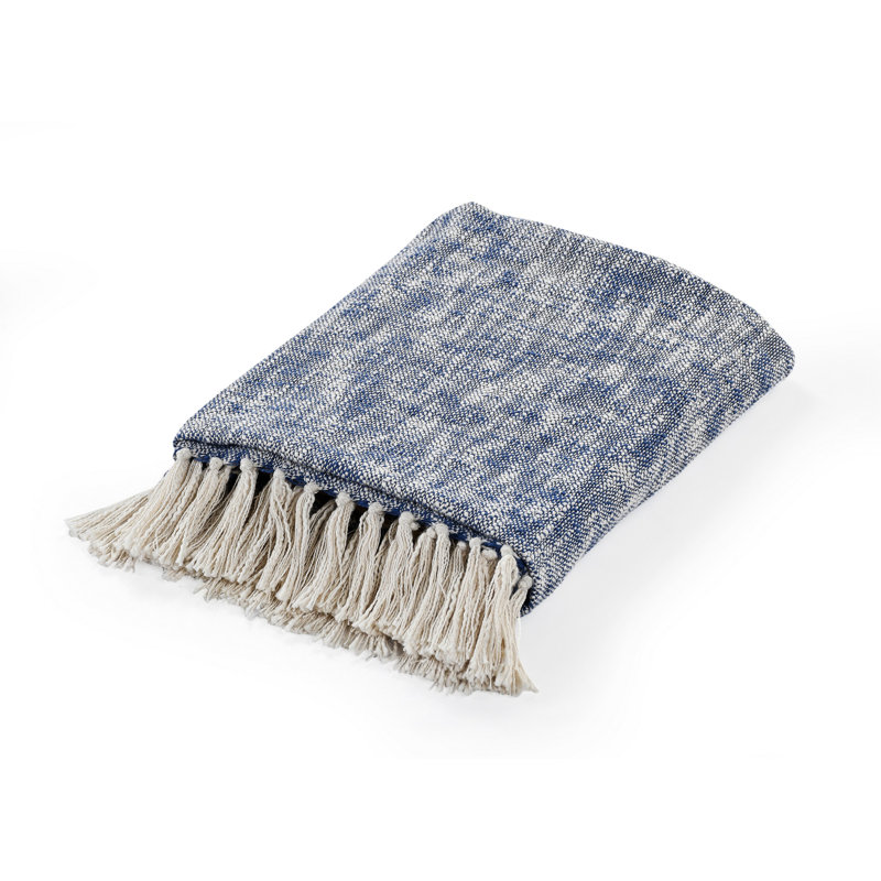 Navy Blue and Off-White Cotton Chambray Throw Blanket with Fringe