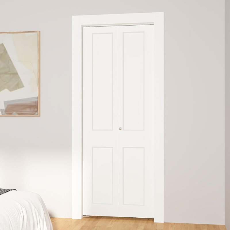 Porte de placard pliante à 2 panneaux 30 po x 80 po à 2 panneaux en composite blanc lisse et apprêté avec bouton rond en nickel teinté