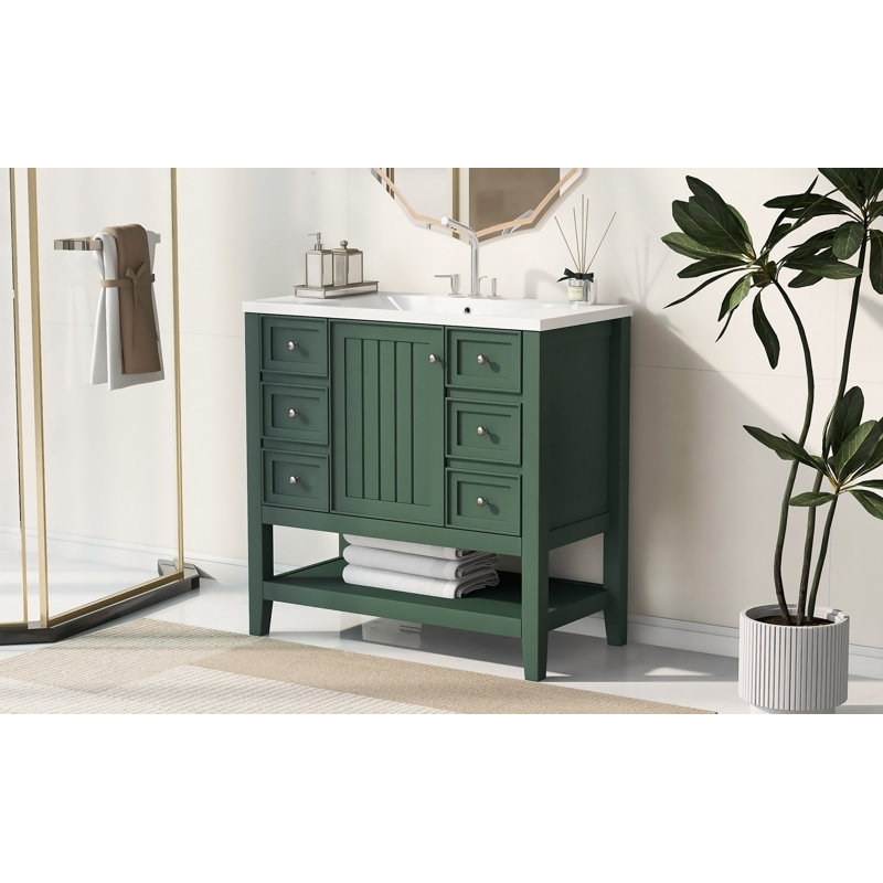 Ensemble de meuble-lavabo 36 po avec lavabo, une armoire et trois tiroirs, bois massif et panneau de fibres à densité moyenne