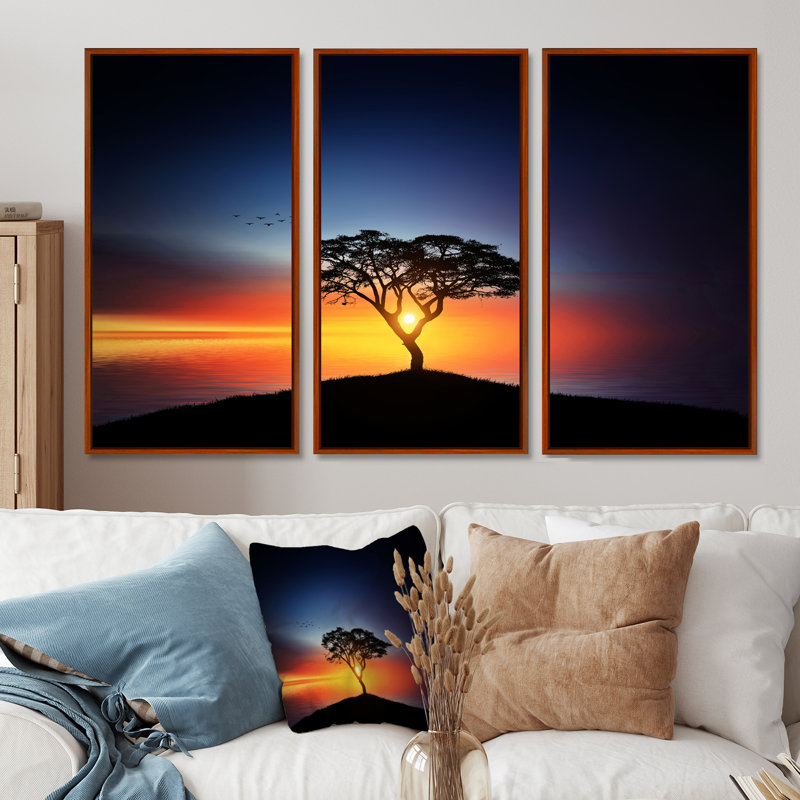 «Beautiful Sunset Over Lonely Tree», ensemble d'art mural sur toile encadré paysage, Noir, H 28 po x l 36 po