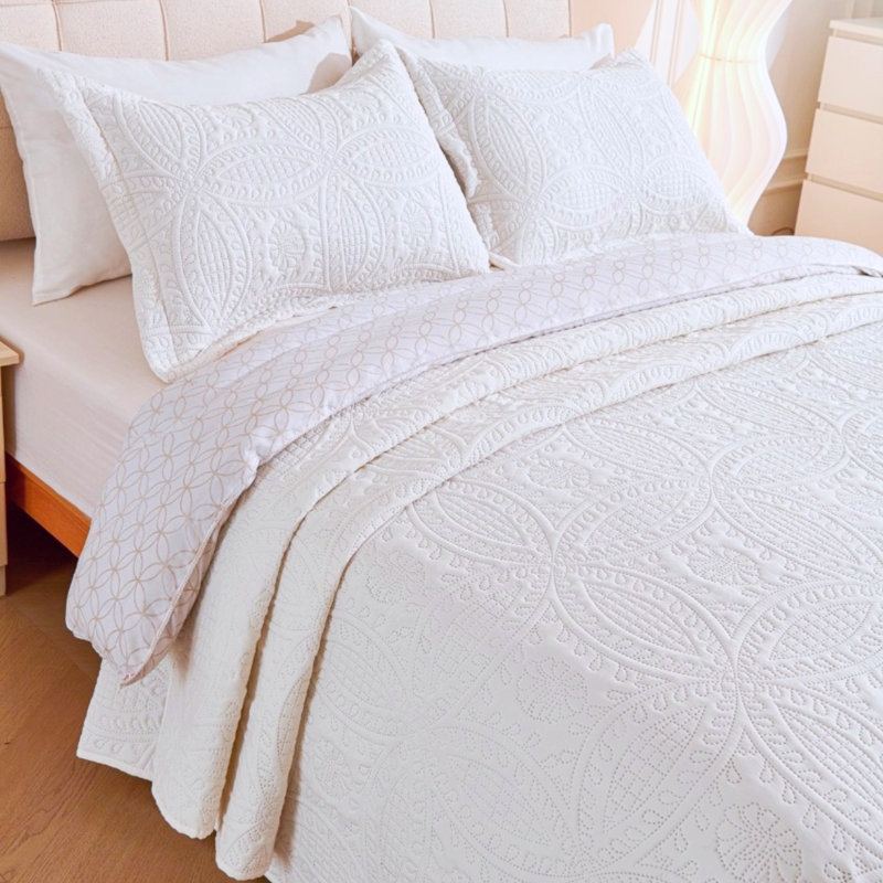Ensemble de couvre-lit 3 pièces à motif floral réversible, Blanc, Couvre-lit de très grande taille et 2 taies déco