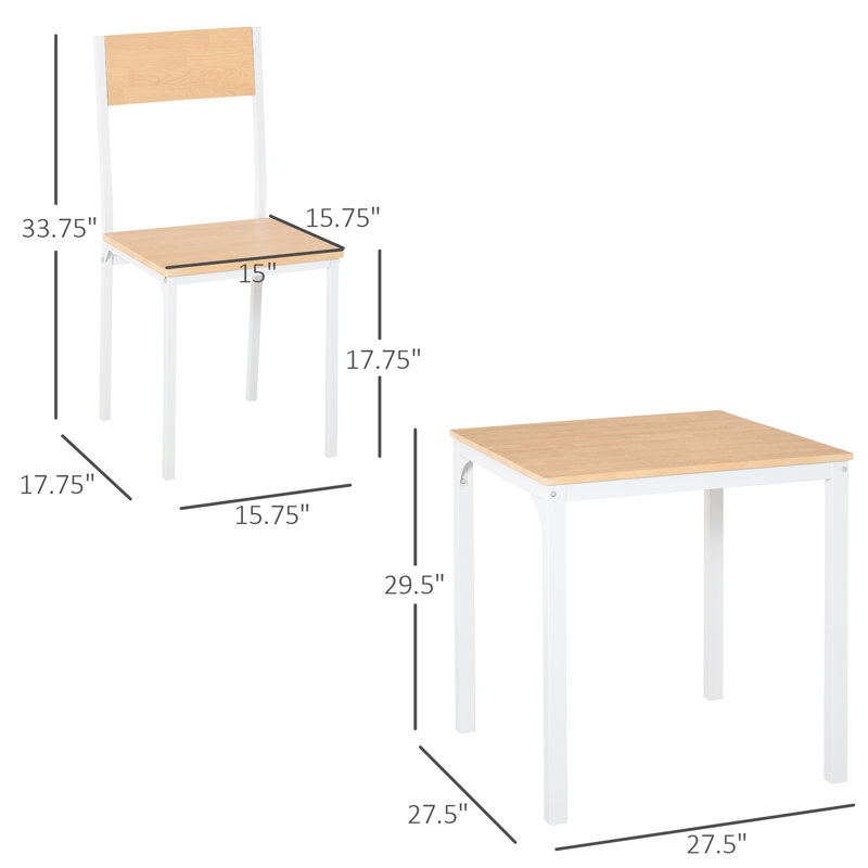 Ensemble 3 pièces de table de salle à manger carrée en bois avec 1 table et 2 chaises