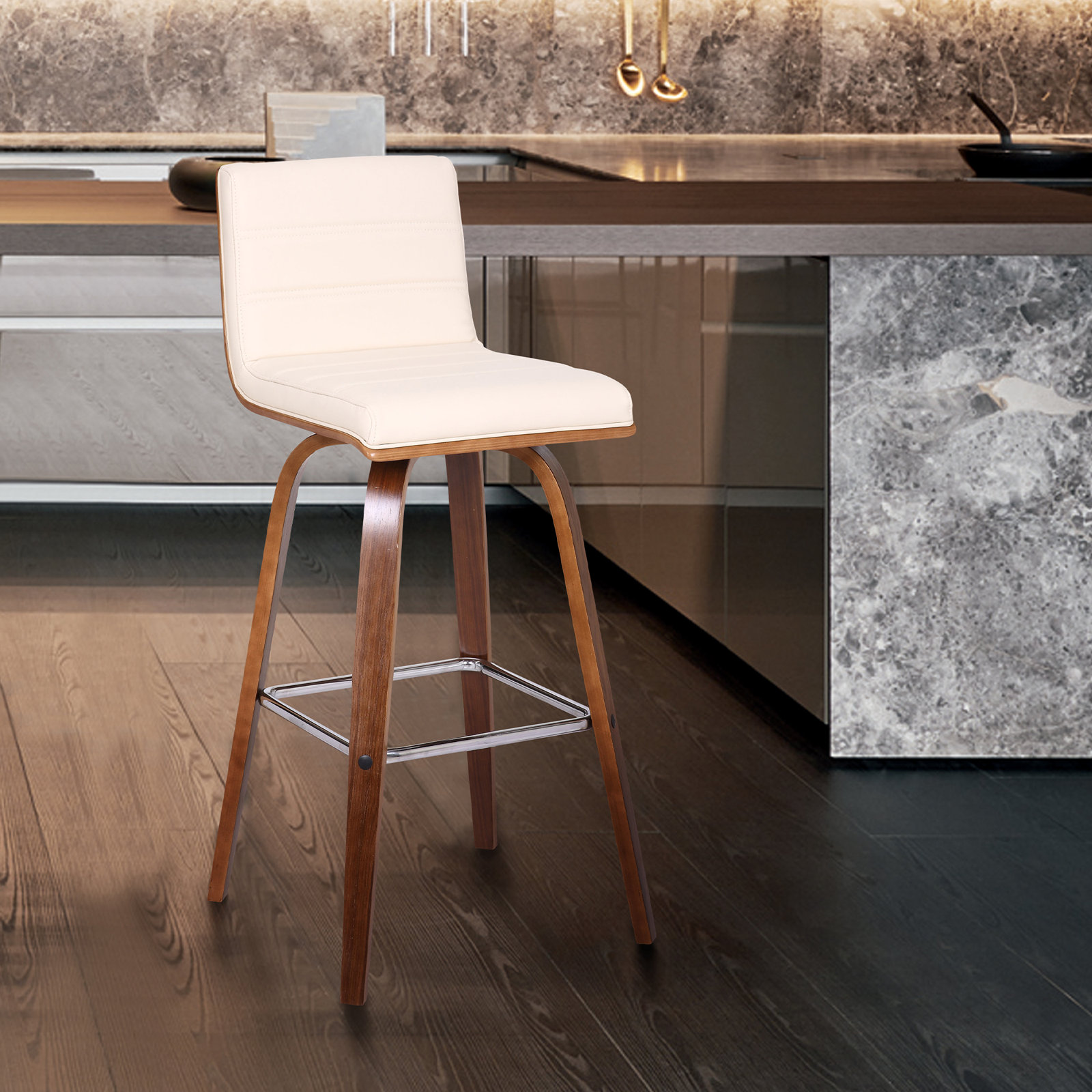 Biance Solid Wood Swivel Bar & Counter Stool, Bar Stool (30" Seat Height), White Faux Leather, Natural