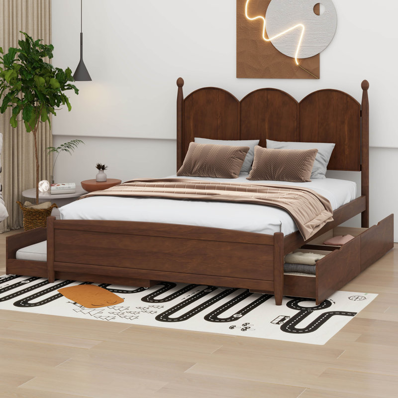  Lit plateforme grand avec 2 tiroirs Gralf, lit simple TG, Noyer