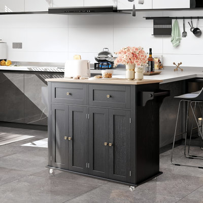 Senfot Portable Kitchen Island Cart On Wheels – Moveable Island Table With Drawer, Storage Cabinet, Spice Rack, And Towel Rack In Black.