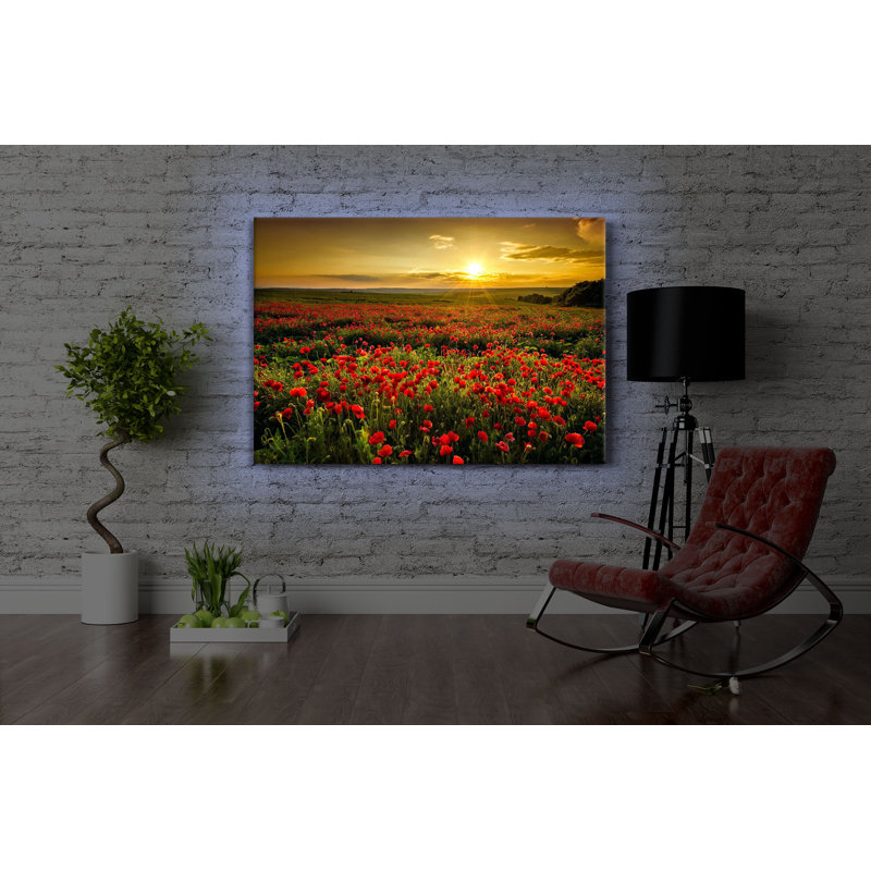 Poppy Flower Field At A Dreamlike Sunset by No - Wrapped Canvas Print, 70cm H x 100cm W x 4.5cm D, With lighting